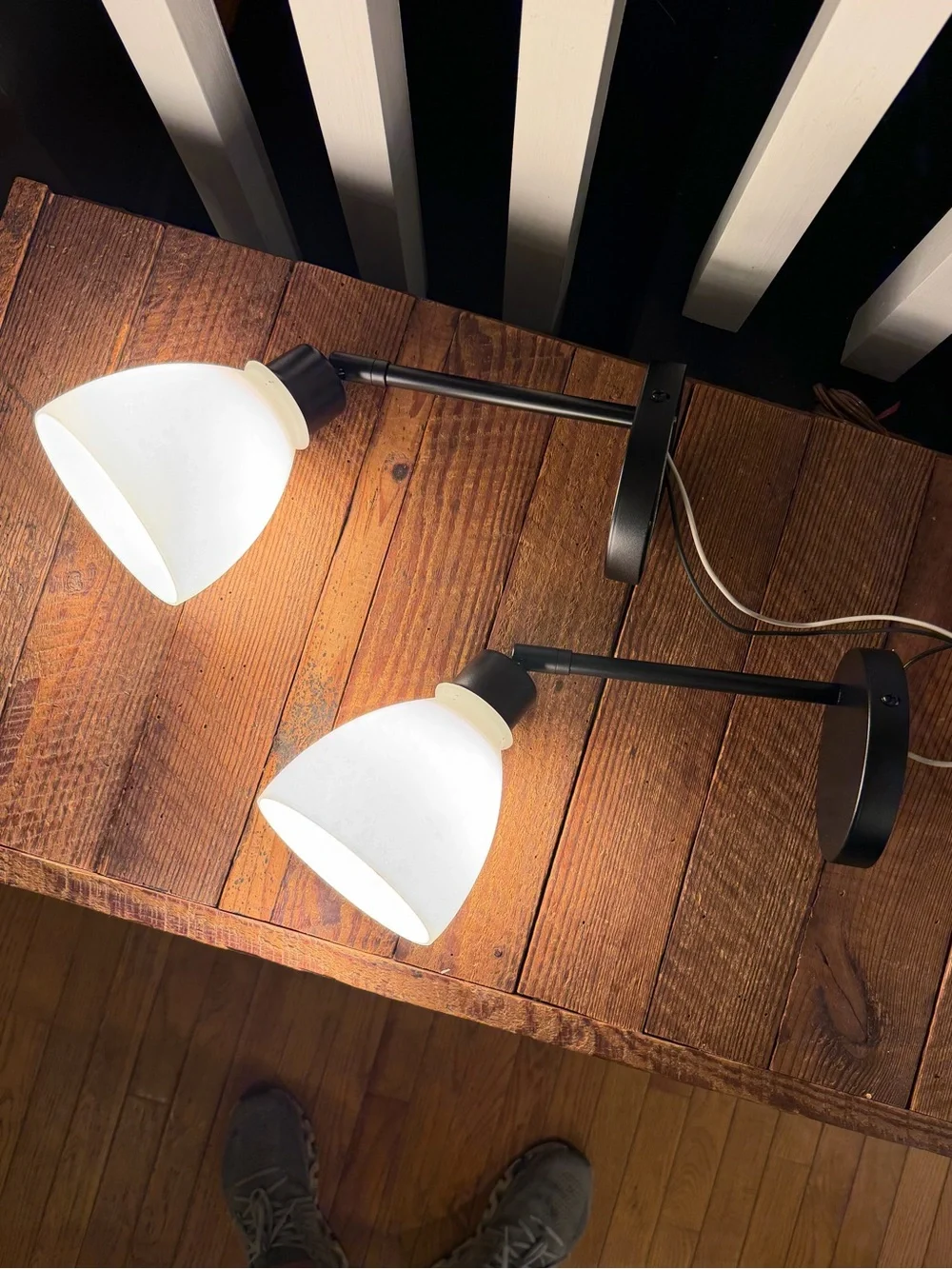 Pair of adjustable swivel/pivot black wall-mount lamps with frost white glass